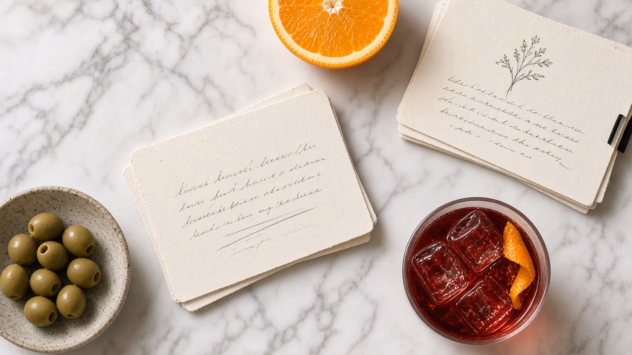 Recipe cards, an orange slice and a ruby cocktail on white marble