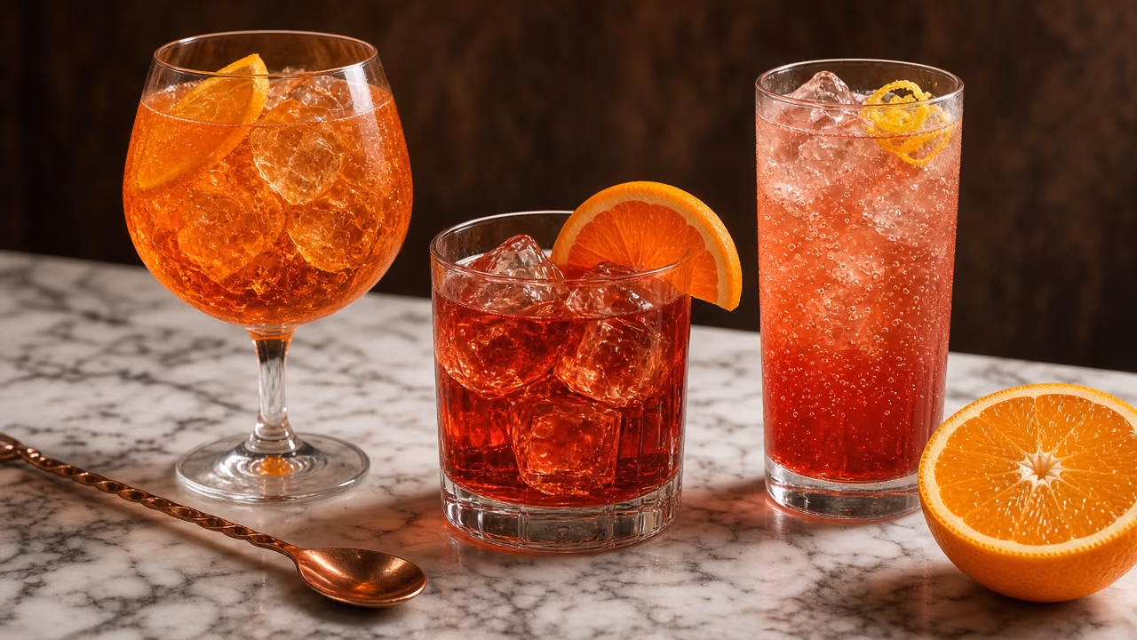 A spritz, a Negroni and an Americano lined up on white marble
