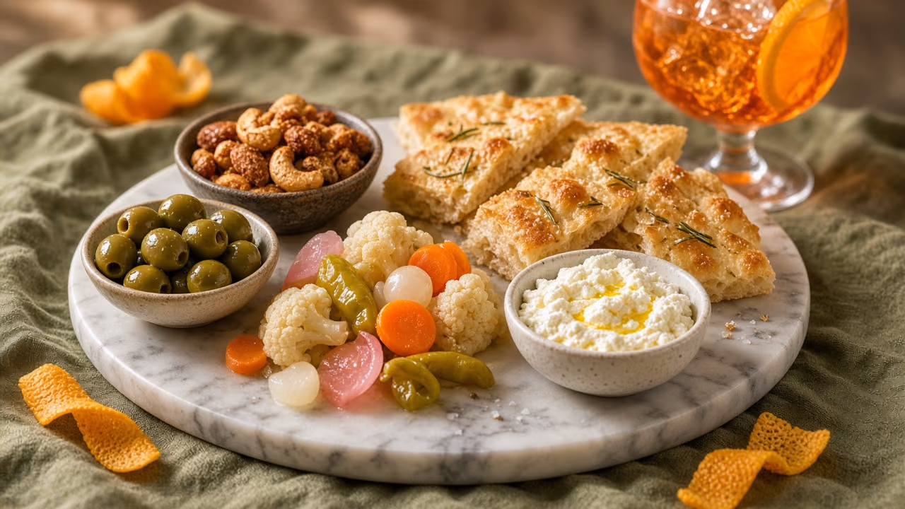 Olives, focaccia, nuts and ricotta on a marble board with a spritz behind