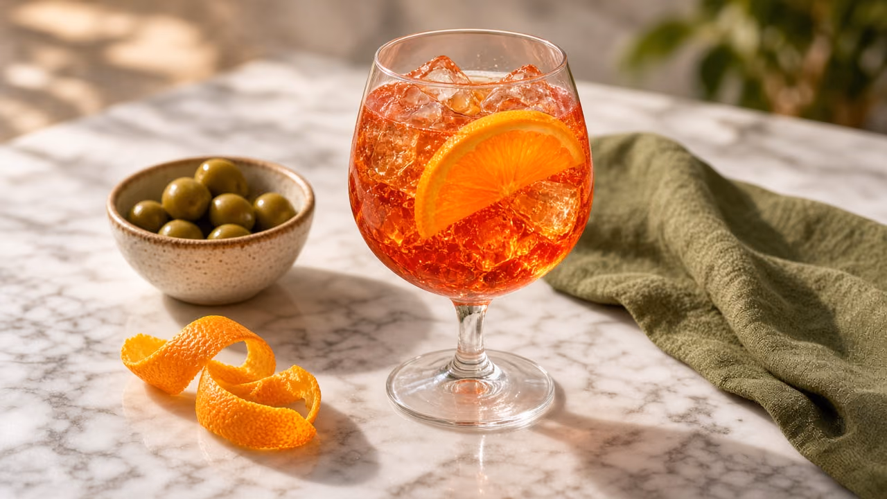 An orange spritz with ice and an orange slice on white marble beside green olives