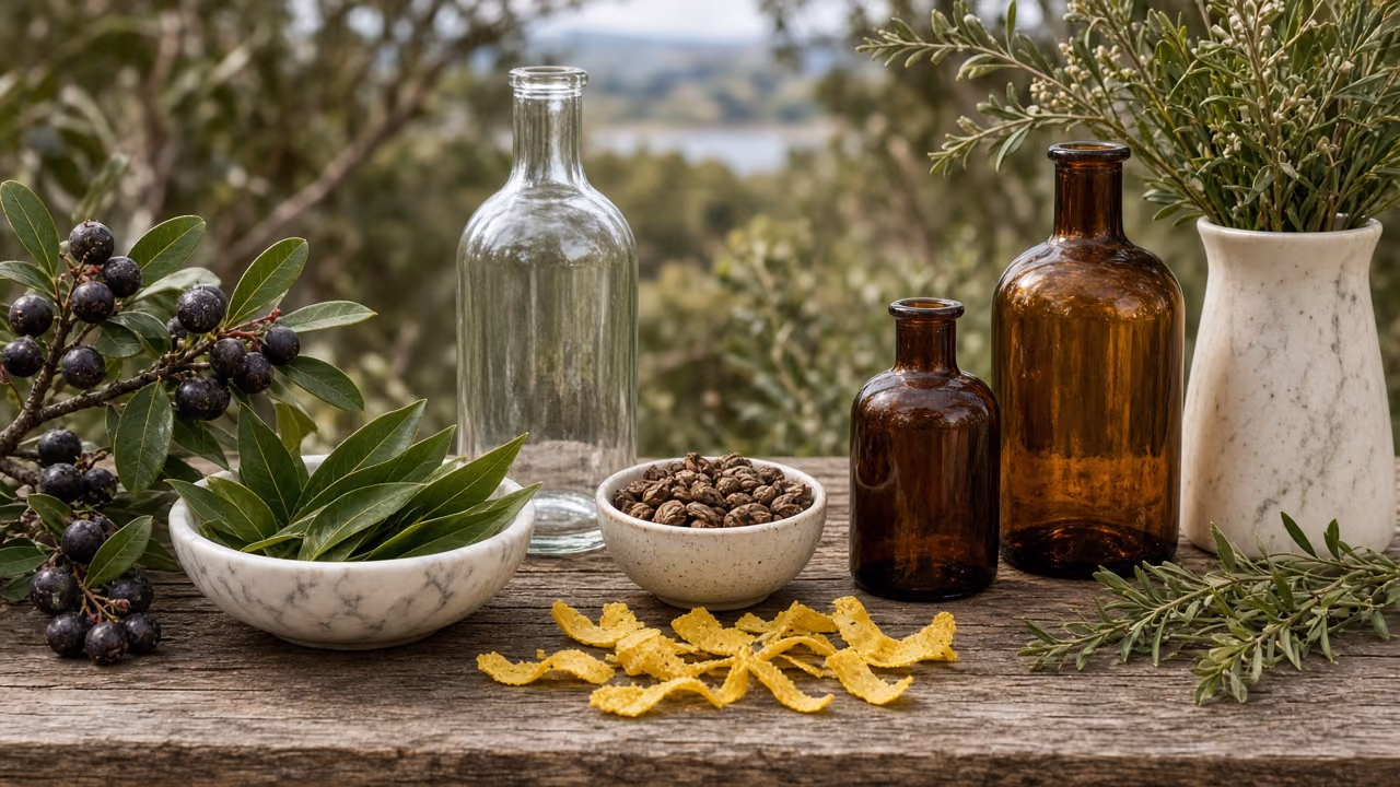 Native botanicals, citrus peel and unlabeled amber bottles on an outdoor table