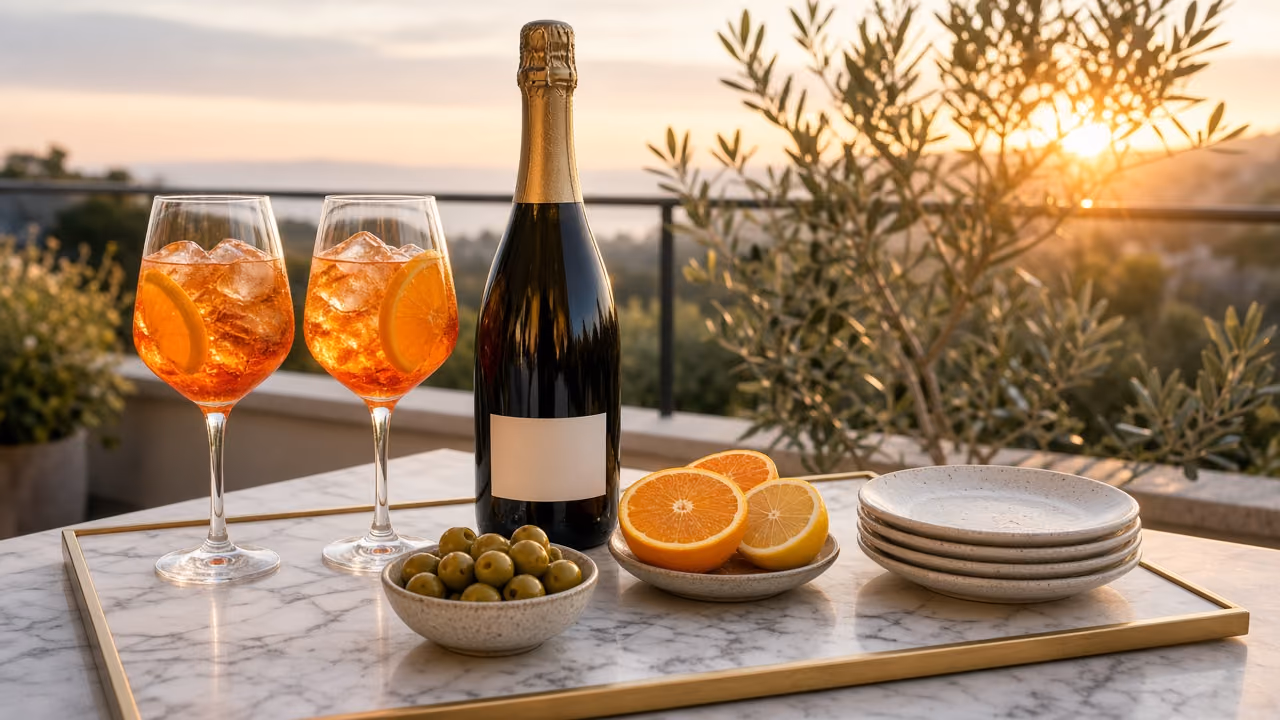 A balcony aperitivo tray with two spritz glasses, olives and citrus at sunset